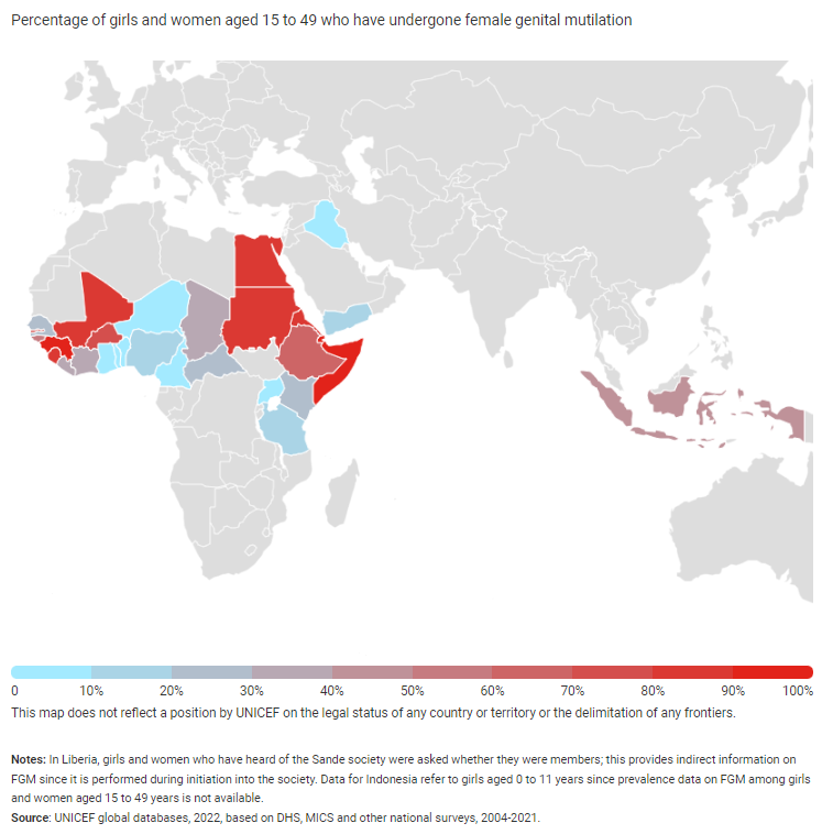 Kartbild från Unicef över länder där könsstympning förekommer och hur vanligt det äri åldrarna 15-49 år, utifrån data 2014-2021.